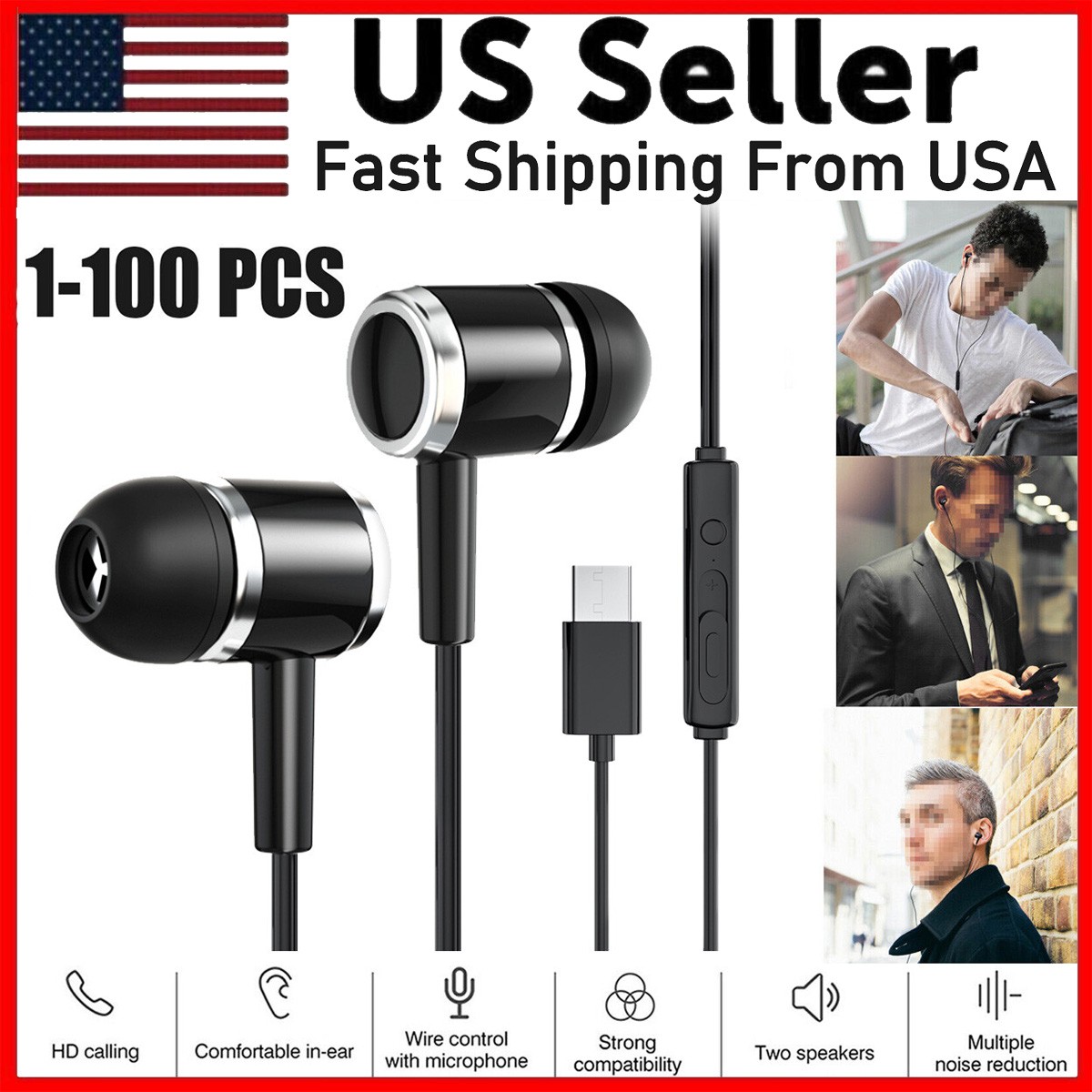 Lot USB C Type C Headphone Earbuds in Ear Earphones w/Mic For Samsung Mac Black
