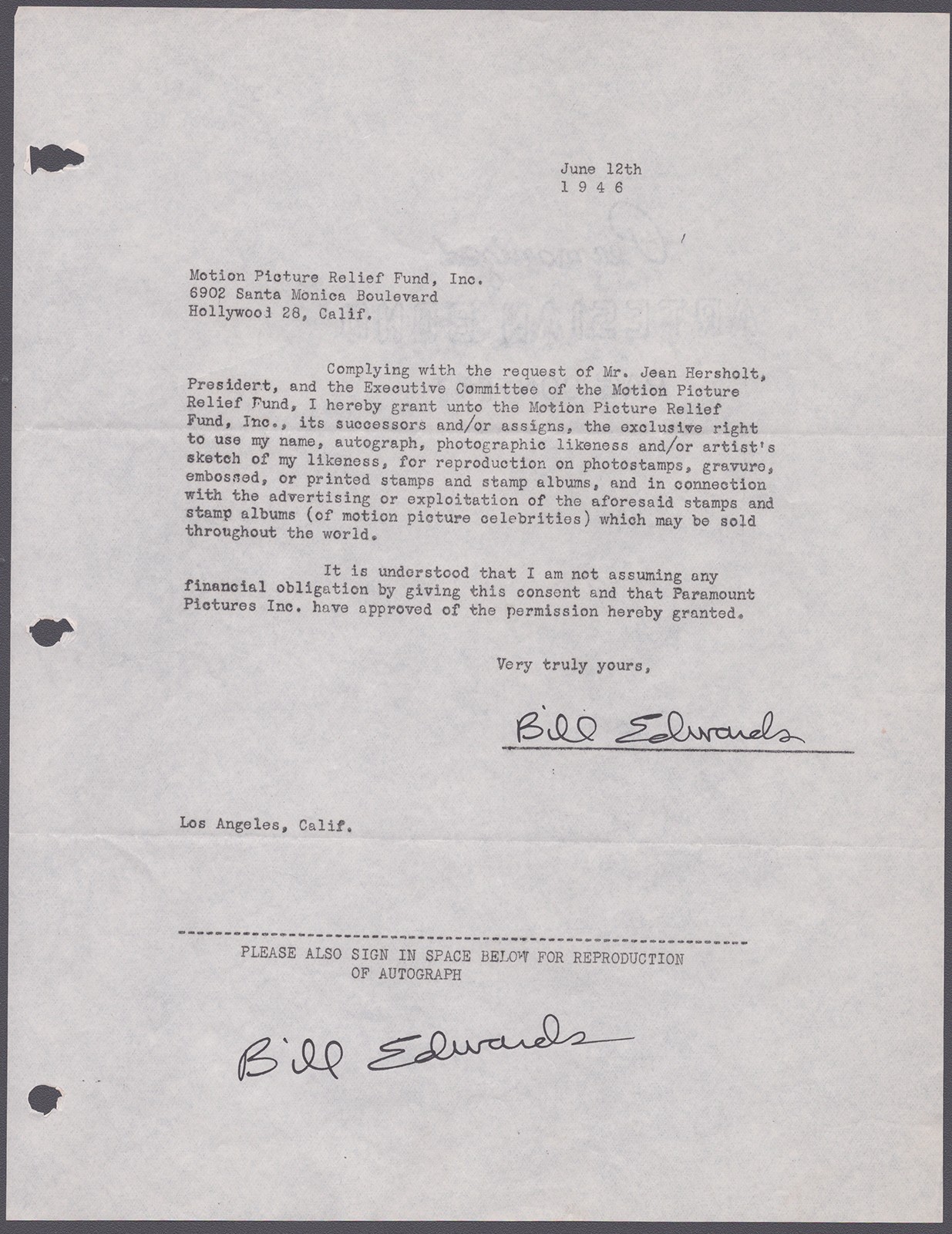 BILL EDWARDS - DOCUMENT SIGNED CIRCA 1946