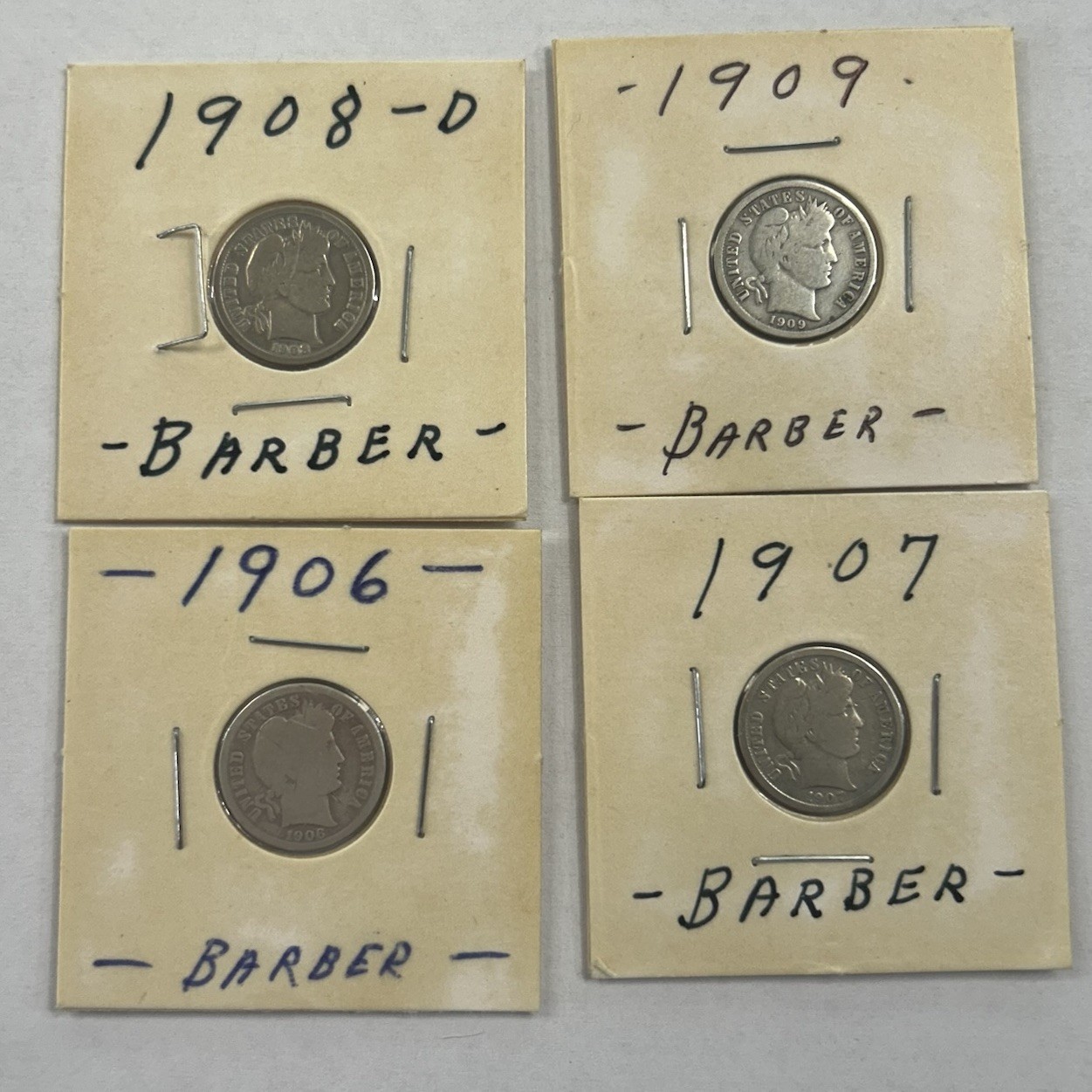 1906, 1907, 1908, 1909 Barber Silver Dimes (Lot of 4)
