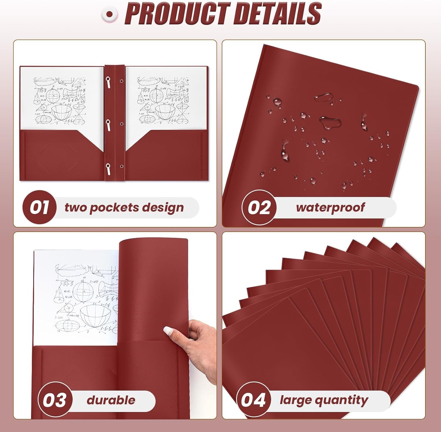 Durable 100-Pack Dark Red Plastic Folders with Pockets & Prongs for All Needs