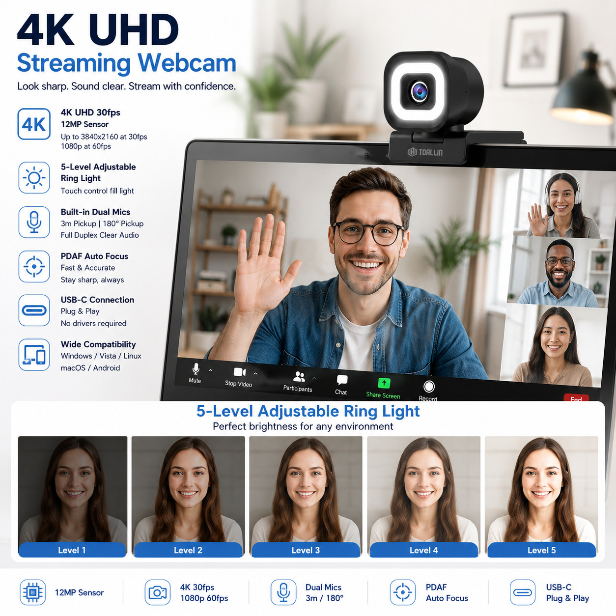 TOALLIN 4K UHD PDAF Webcam 5-level adjust Ring Light,Plug & Play,USB Connection