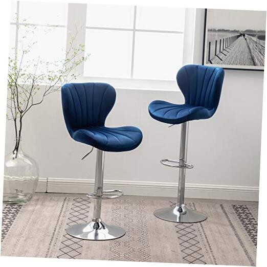 Ellston Velvet Adjustable Swivel Barstools in Set of 2 Blue