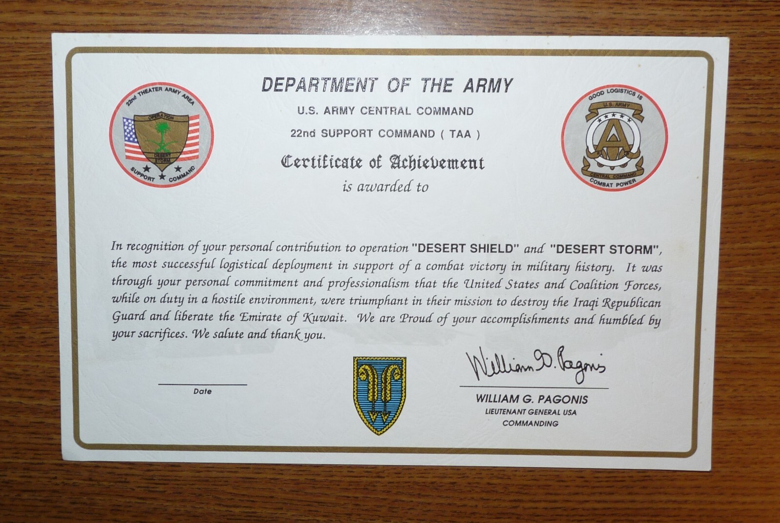 Original Desert Shield/Desert Storm US Army 22nd Support Command CO Certificate