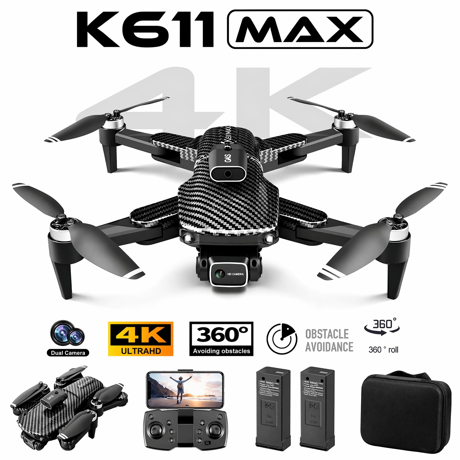 K611 MAX RC Drone Dual Camera Obstacle Avoidance Quadcopter 360° Roll +2 Battery