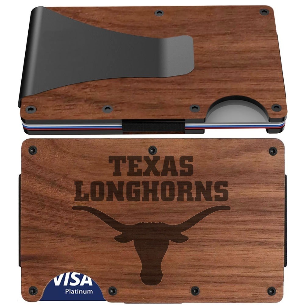 Texas Longhorns Custom Genuine Cherry Wood Engraved RFID Blocking Wallet Gift D7