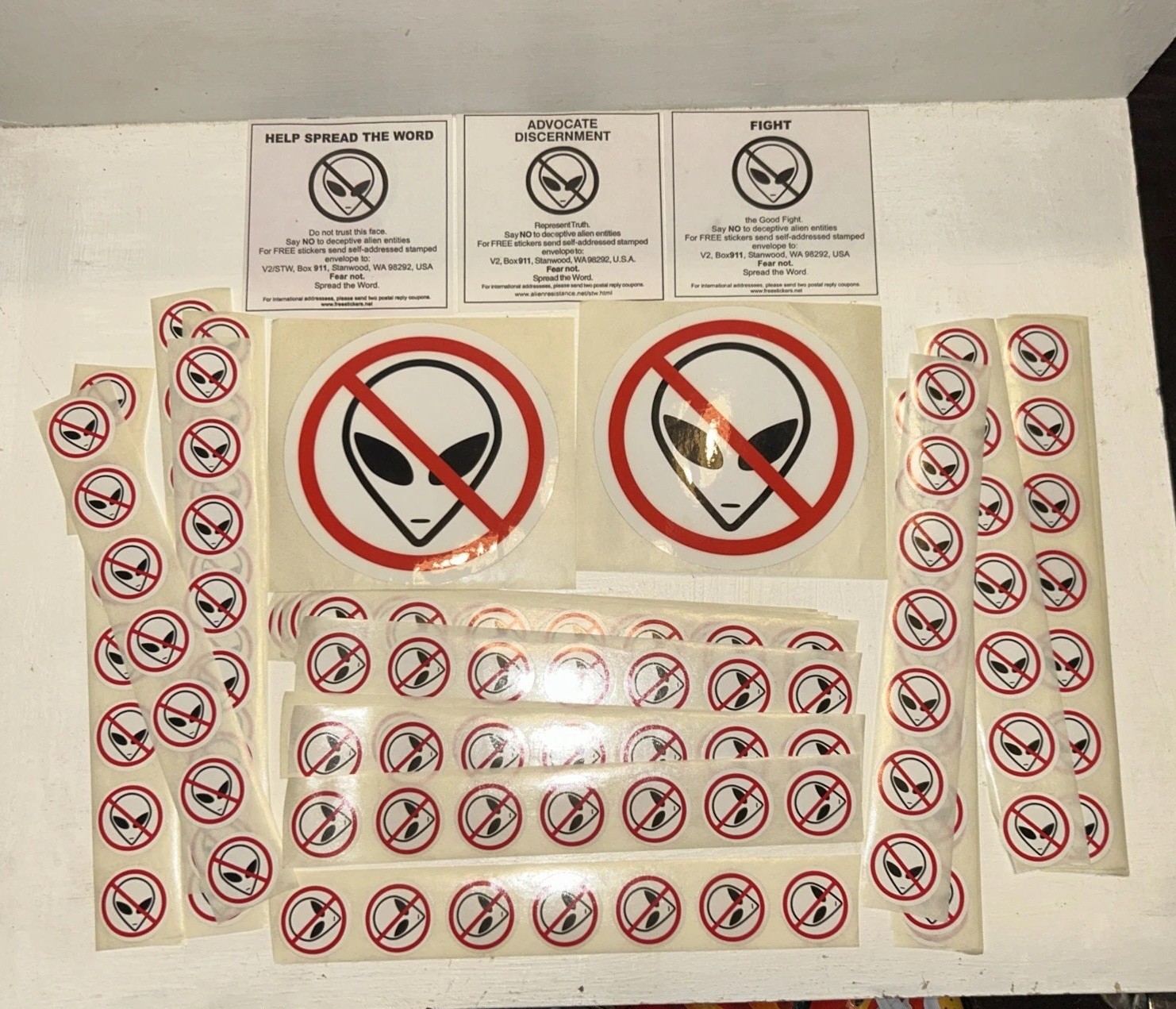 ALIEN STICKERS 169 Red & White Anti-Alien Sticker Decals (167) 1 Inch (2) 4 Inch
