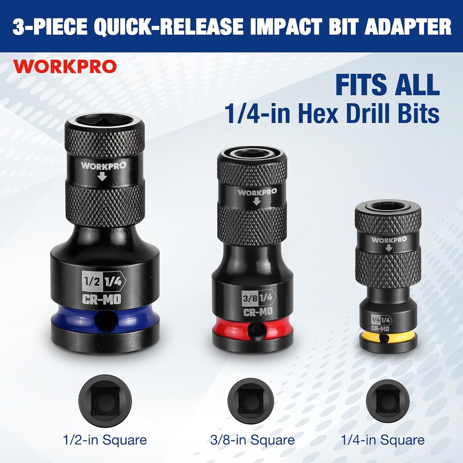 WORKPRO Quick Release Hex Impact Socket Adapter Bit Holder Set 1/2" 3/8" 1/4inch