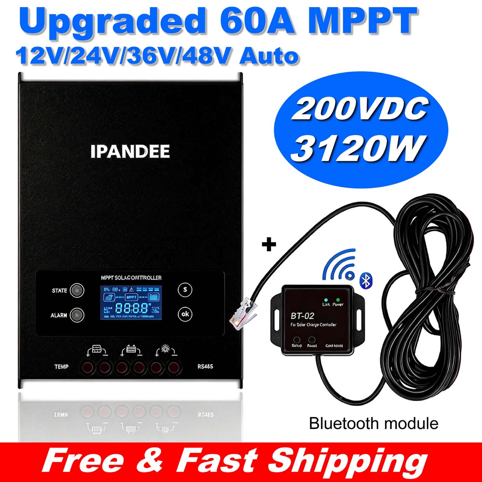 60A MPPT Solar Charge Controller 12V/24V/36V/48V for Battery Solar Panel Kit +BT