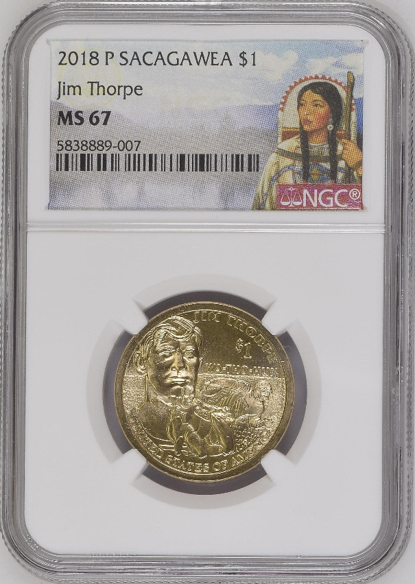 :2018 P $1 SACAGAWEA NATIVE AMERICAN DOLLAR JIM THORPE NGC MS 67 LOW POP R5
