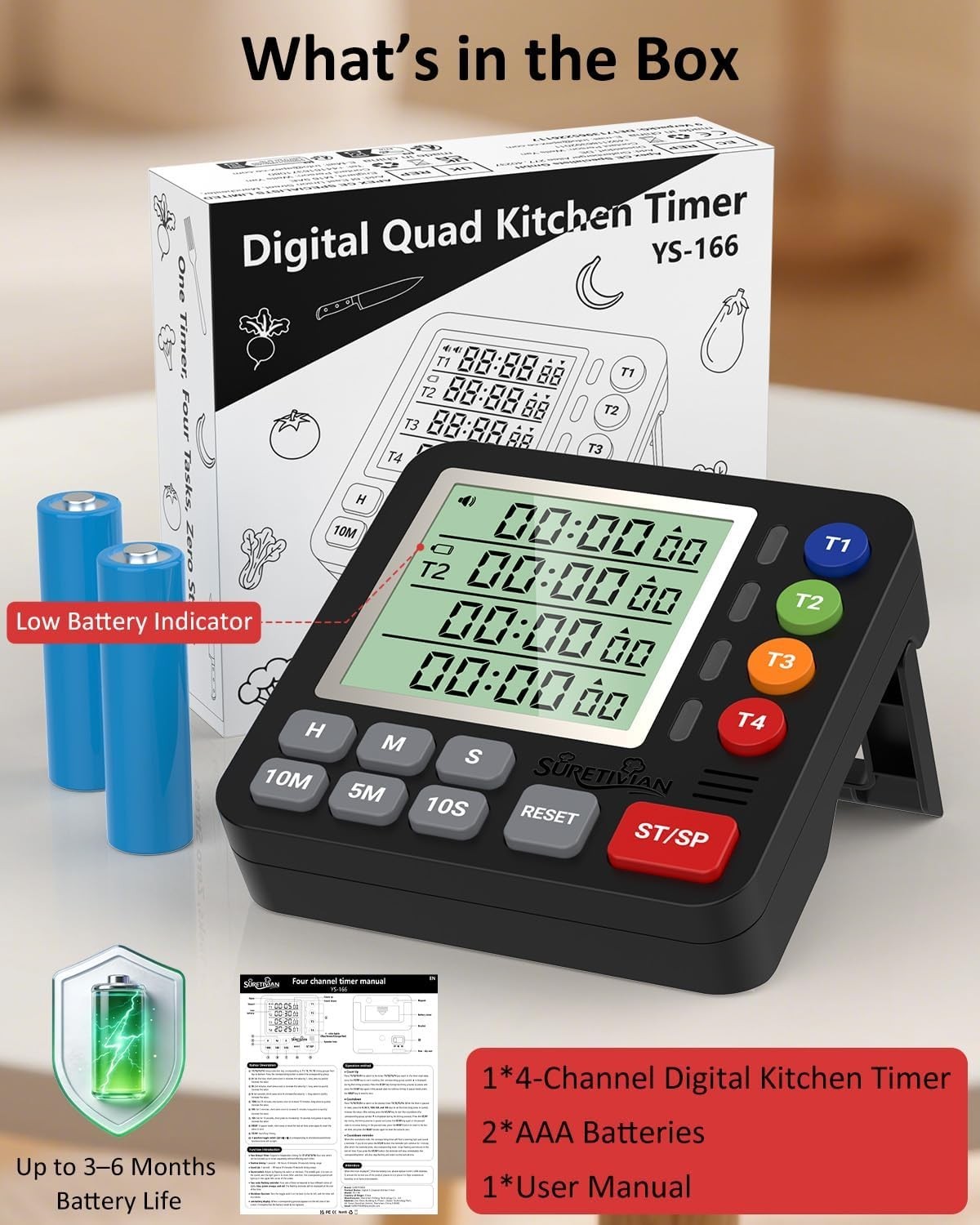 Digital Kitchen Timer for Cooking - 4 Channel Count Up Countdown Timer with L...