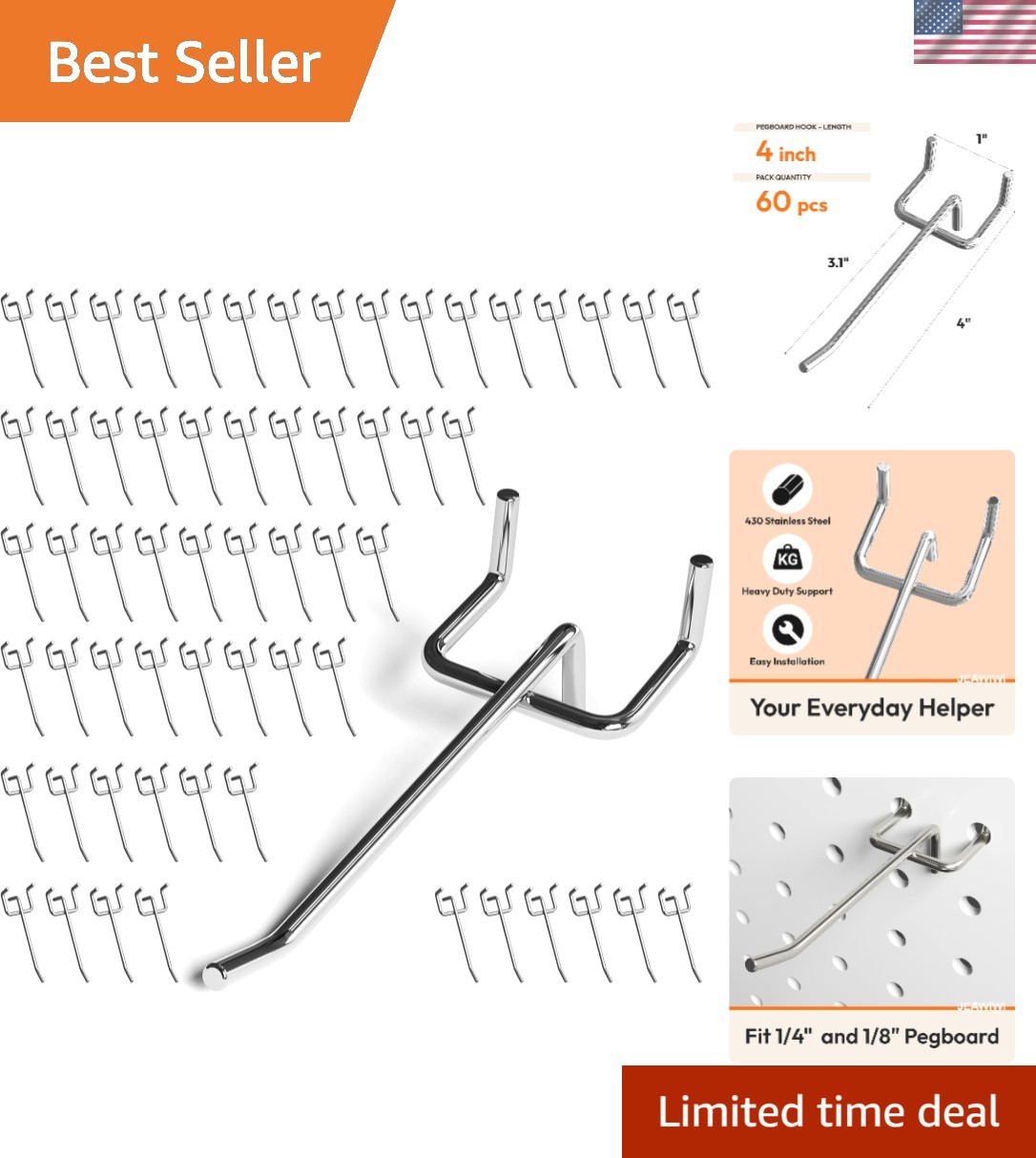 Organize with Style: 60 Pack 4" Rust-Resistant Pegboard Hooks - Easy to Install