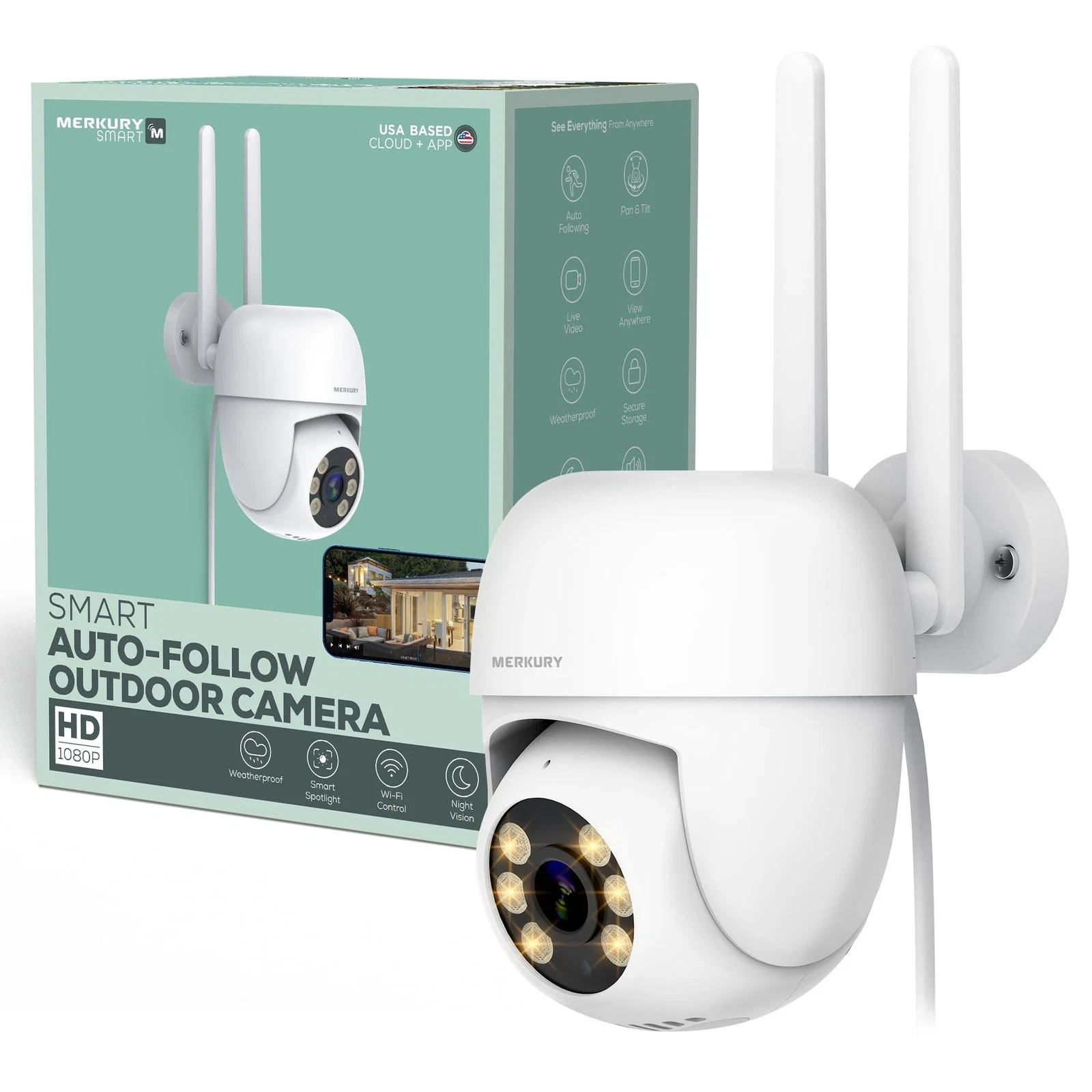 Merkury Smart MI-CW059-199W Outdoor Auto-Follow Camera, Wi-Fi PTZ Cam, 1080p HD