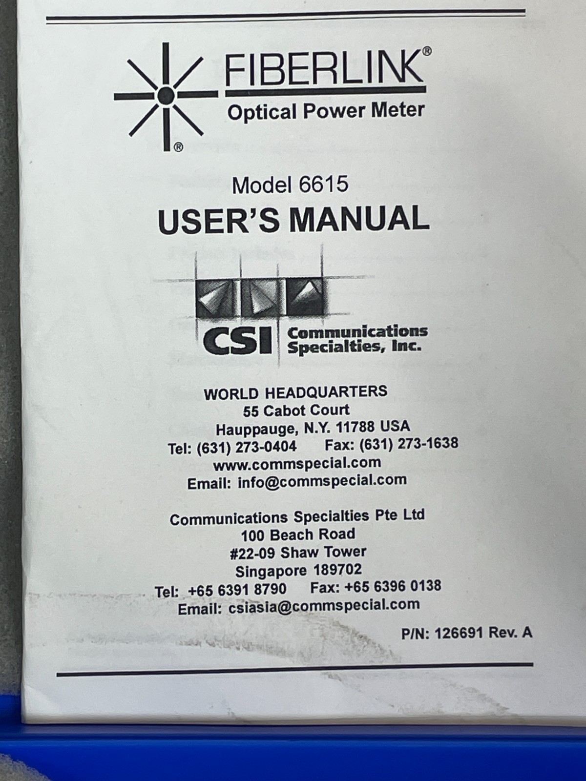Fiberlink Optical Power Meter with test cables