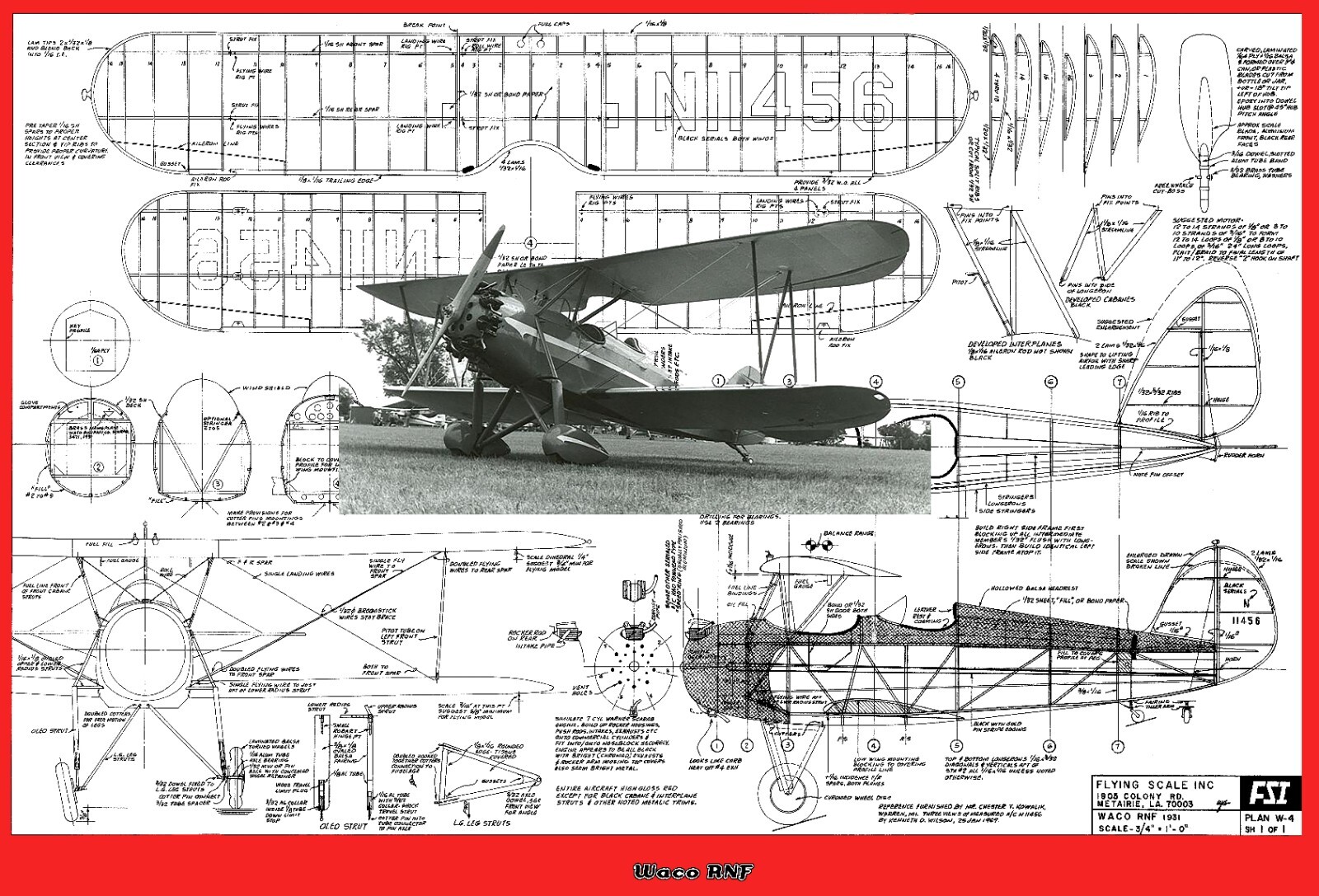 FSI Model Airplane Plans (FF): Waco RNF 1/16 Scale 23" Biplane Rubber
