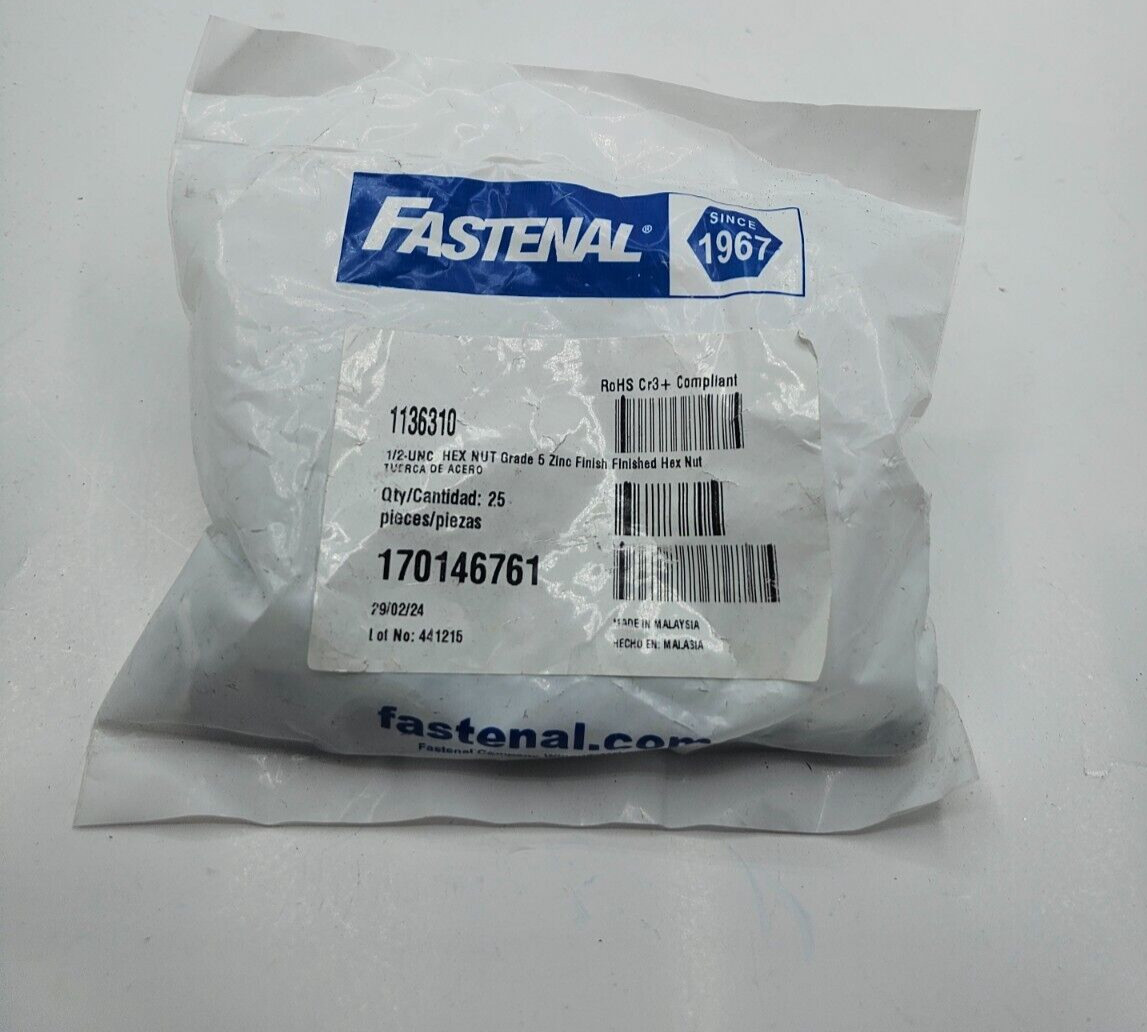 (QTY 25) Fastenal 1136310 FINISHED HEX 1/2 UNC HEX NUT Grade 5 Zinc Finish
