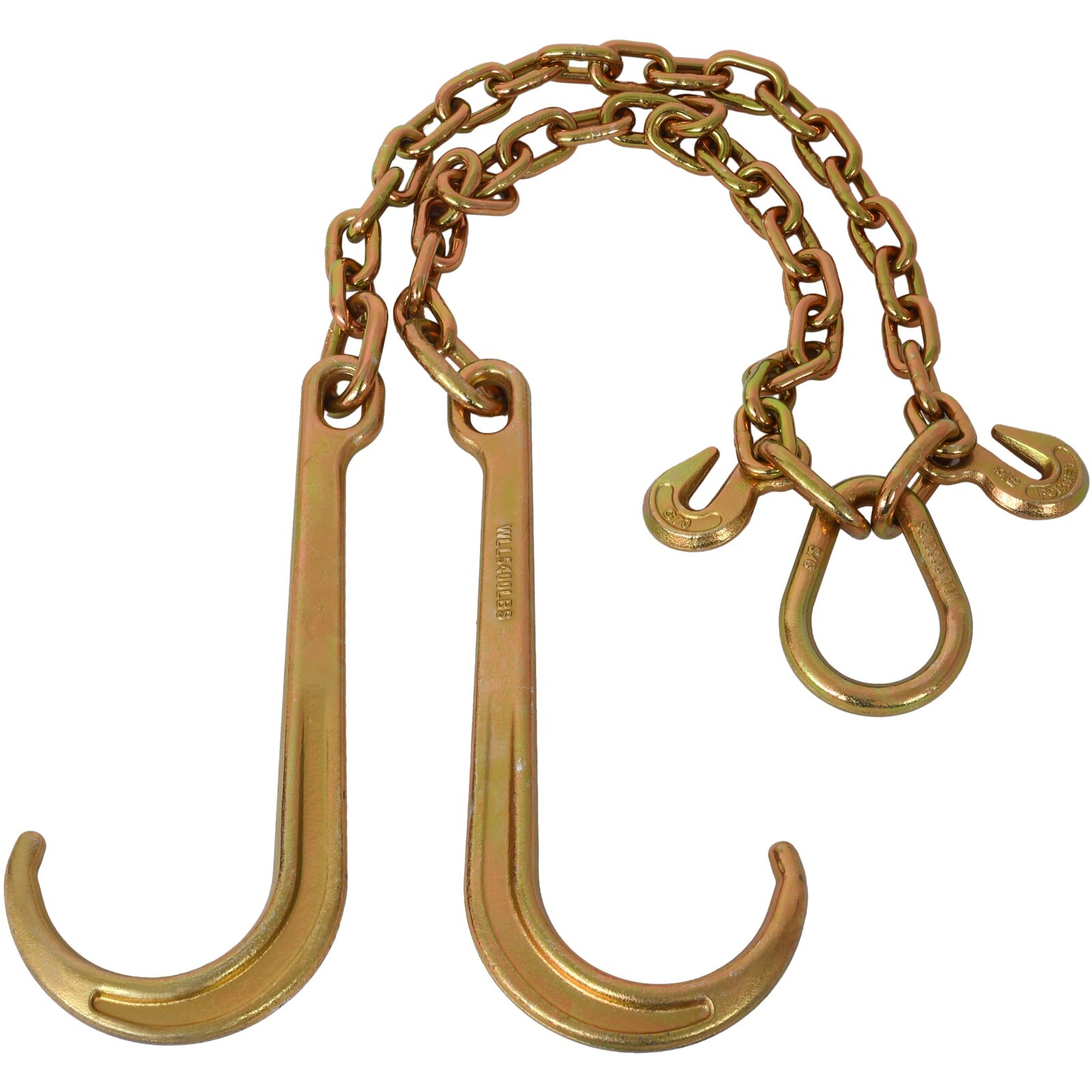 5/16''x2' G70 J Hook Tow Chain V Bridle with Large Shank J Hooks and Grab Hooks