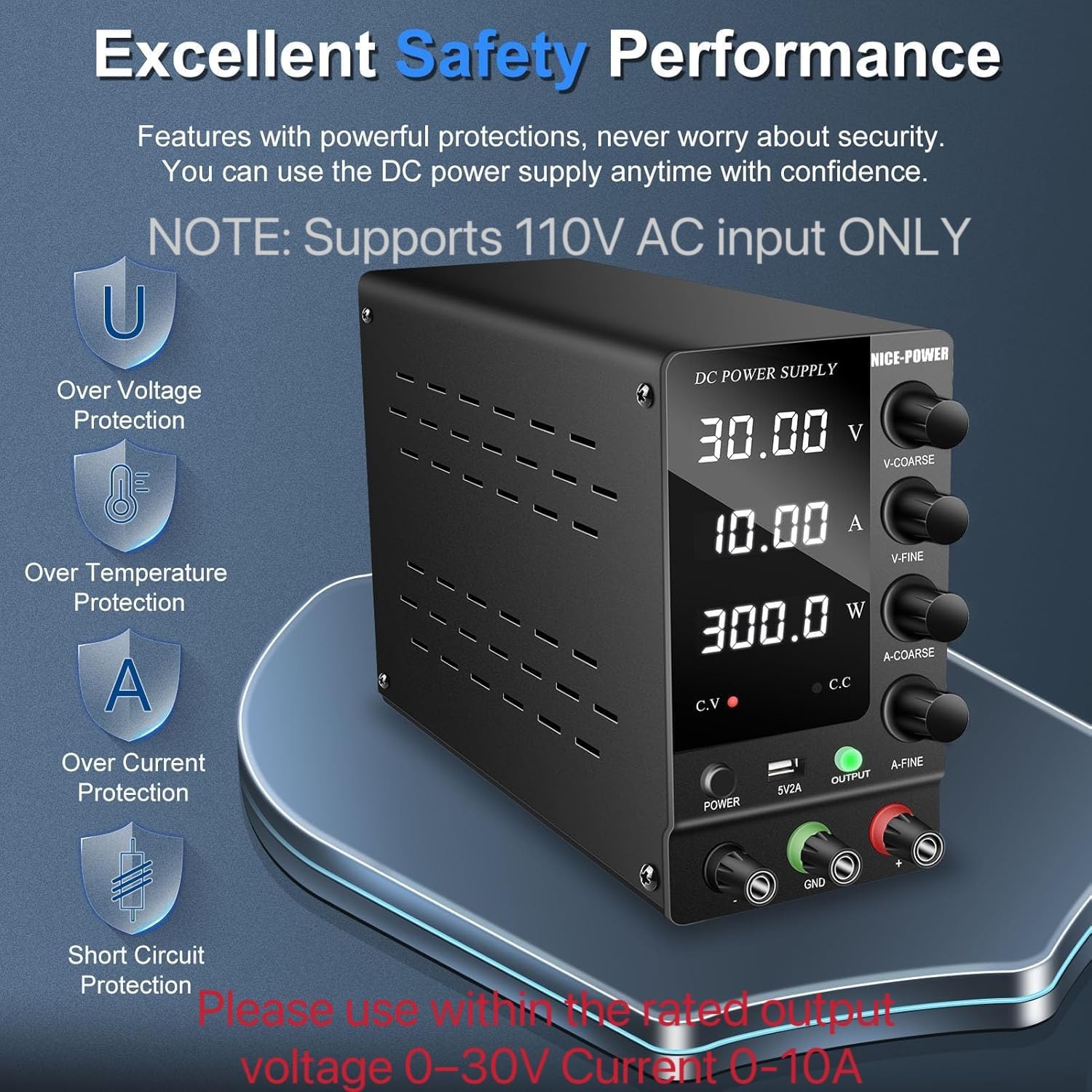 DC Power Supply Variable 30V 10A, Adjustable Switching Regulated DC Bench Power