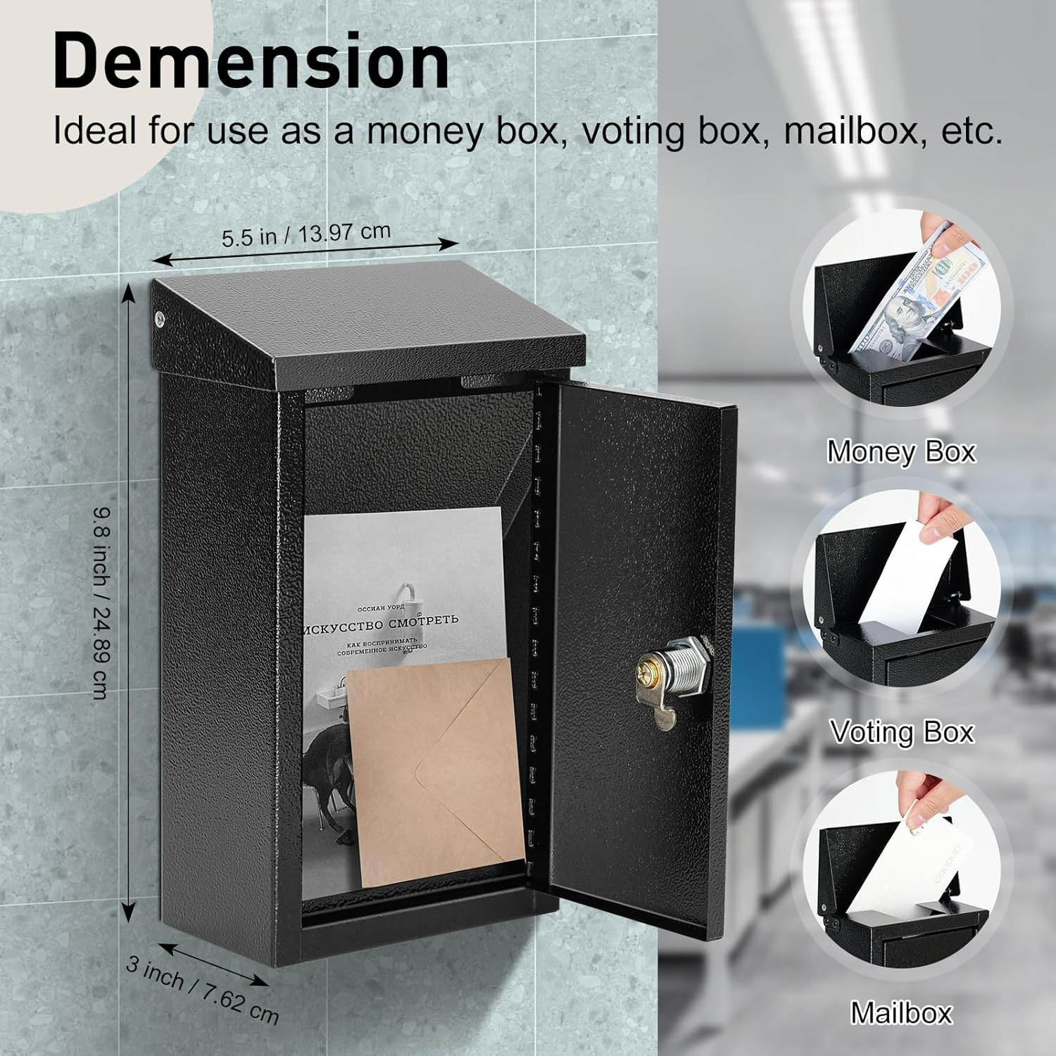 Wall Mounted Key Drop Box Locking Metal Mailbox Secure Storage Black
