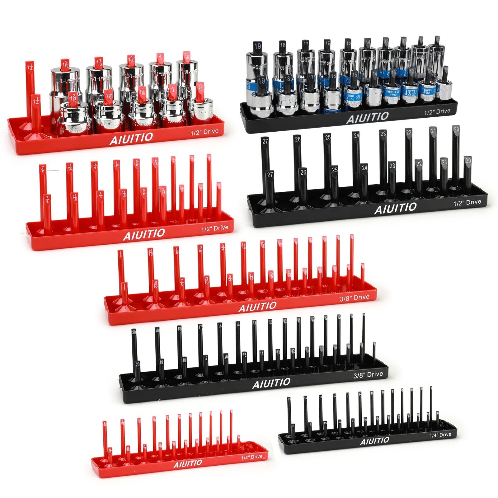8 Piece Metric & Sae Socket Organizer Tray Set 1/4inch 3/8inch & 1/2inch Drive S