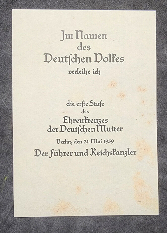 WW2 WWII German Mothers Cross Medal first 1 class bronze award paper document