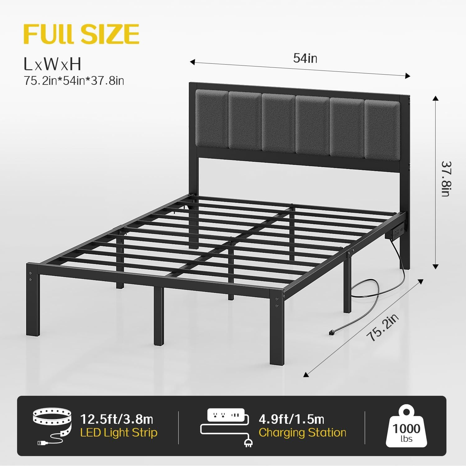 Full Bed Frame with Headboard Metal Platform Bed Full Size with USB Charging Sta