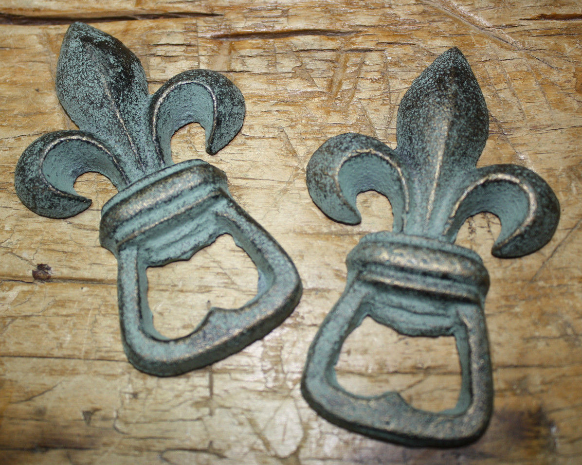 2 Cast Iron Fleur De Lis Bottle openers Rustic GREEN Beer Soda Opener Boy Scout