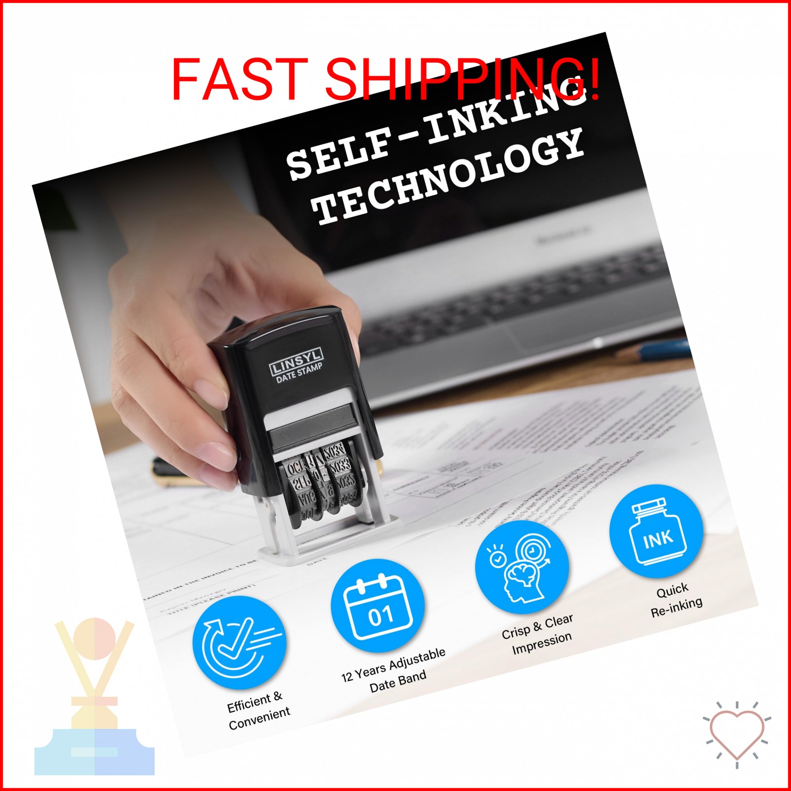 LINSYL Self-Inking Date Stamp, 12-Year Adjustable Date Stamper with Built-in Bla