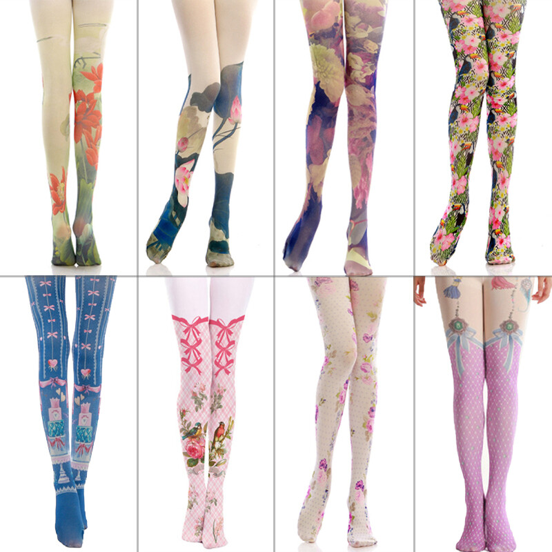 Women 140D Floral Print Velvet Pantyhose Harajuku Lolita Sotckings Opaque Tights