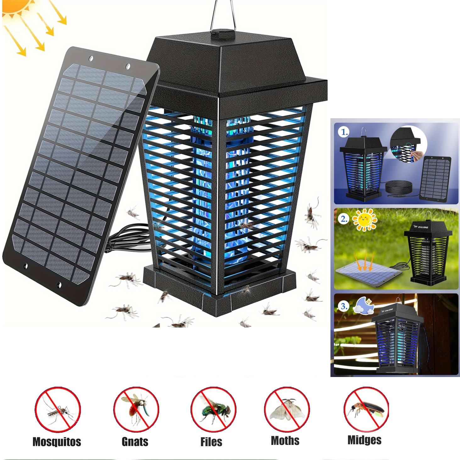 4500V Electric Solar Bug Zapper Outdoor, Mosquito Zapper Waterproof Fly Zapper,h