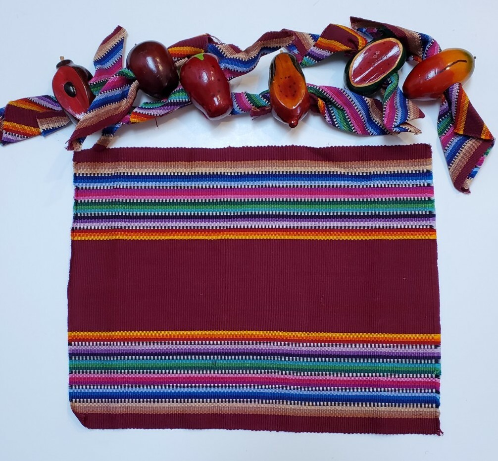 6 Pc Placemat Set Wooden Fruit Napkin Rings & Napkins Colorfull Stripes Burgundy