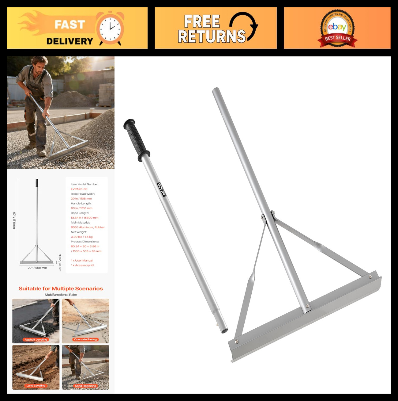 Heavy Duty Landscape Rake 60" Handle, 20" Wide Aluminum Leveling Tool for Asphal