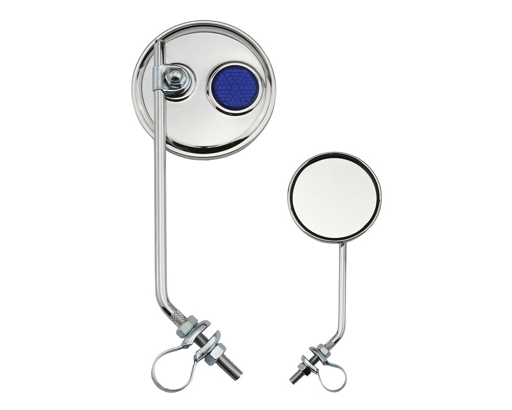 Bike Two Round Mirror Chrome Blue Reflectors.