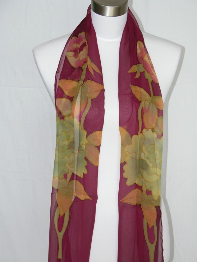 New 100% Silk Oblong Scarf Golden Flower Burgundy - AL12