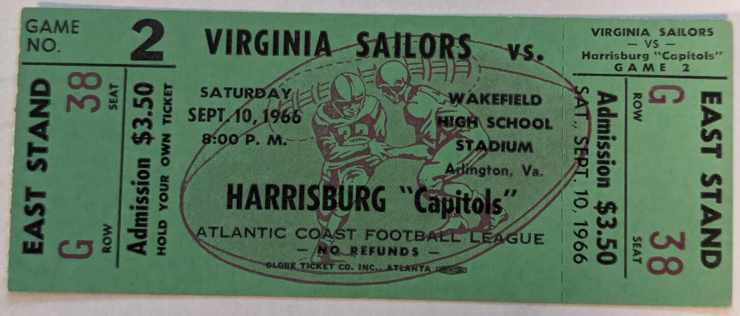 ACFL Virginia Sailors vs. Harrisburg Capitols Vintage 1966 Football Game Ticket
