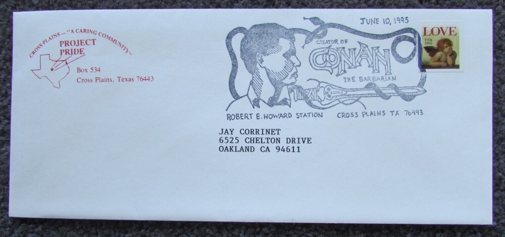 ROBERT E HOWARD CONAN PROJECT PRIDE SPECIAL 1ST DAY POSTAL CANCEL COVER 1995