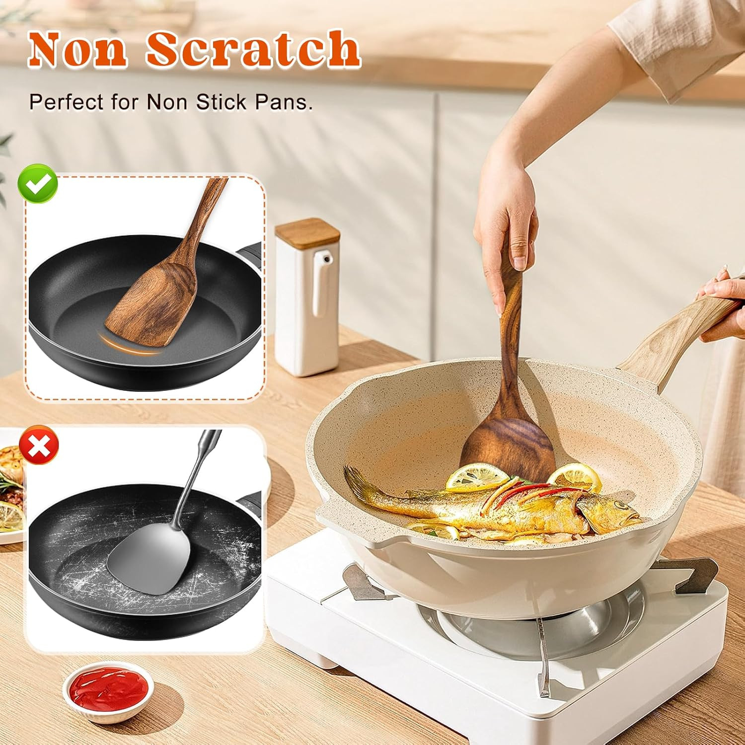 2Pcs Wooden Spatula, Acacia Solid & Slotted Turner Spatula Set, Long Handle Flat