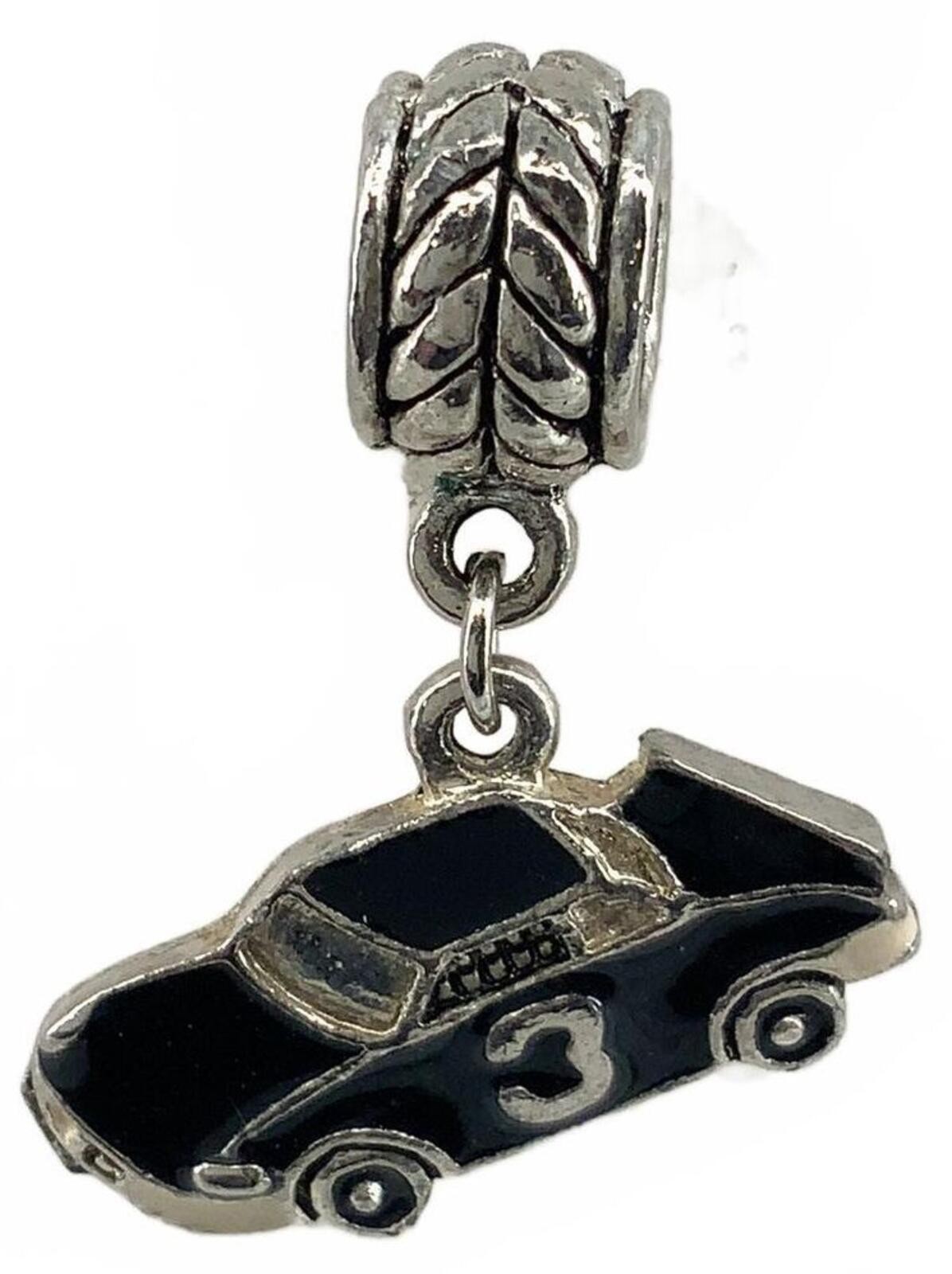 Vintage Enamel Race Car Silvertone European Slide Charm Number 3