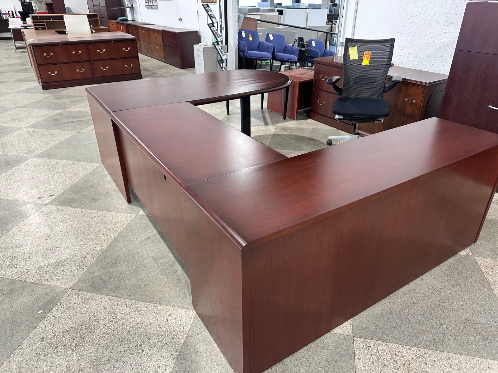 6'Wx8 1/2'D executive Bullet U shape desk by Steelcase in Cherry finish wood