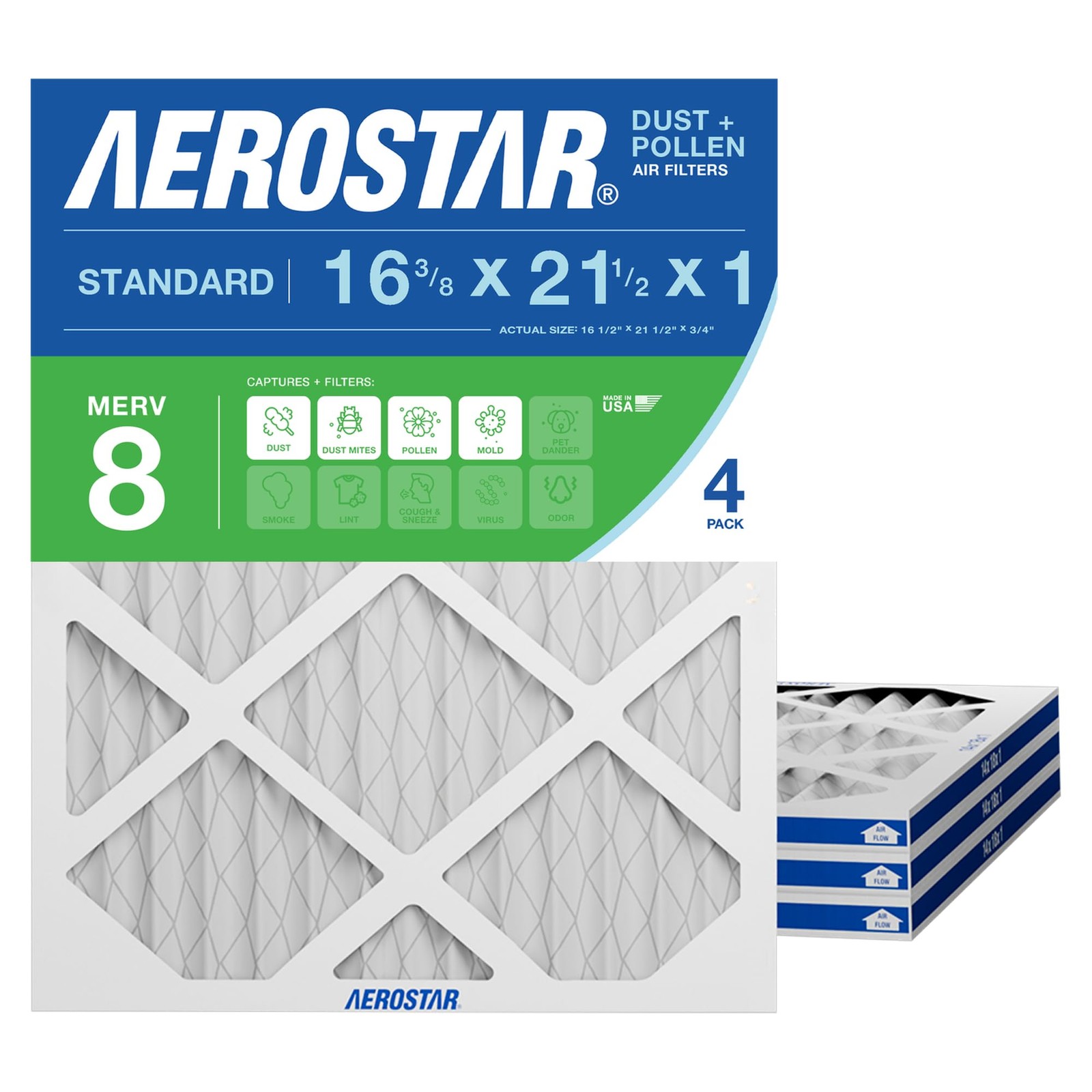 Aerostar 16.375x21.5x1 MERV 8 Air Filter, 4 Count, ACTUAL SIZE 4 PACK, White