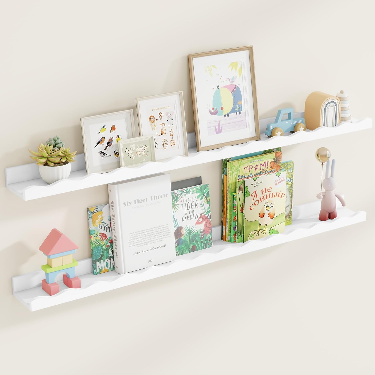 Picture Ledge Shelf for Wall, 48 Inch Pine Wood Nursery Book Shelves Set of 2- W