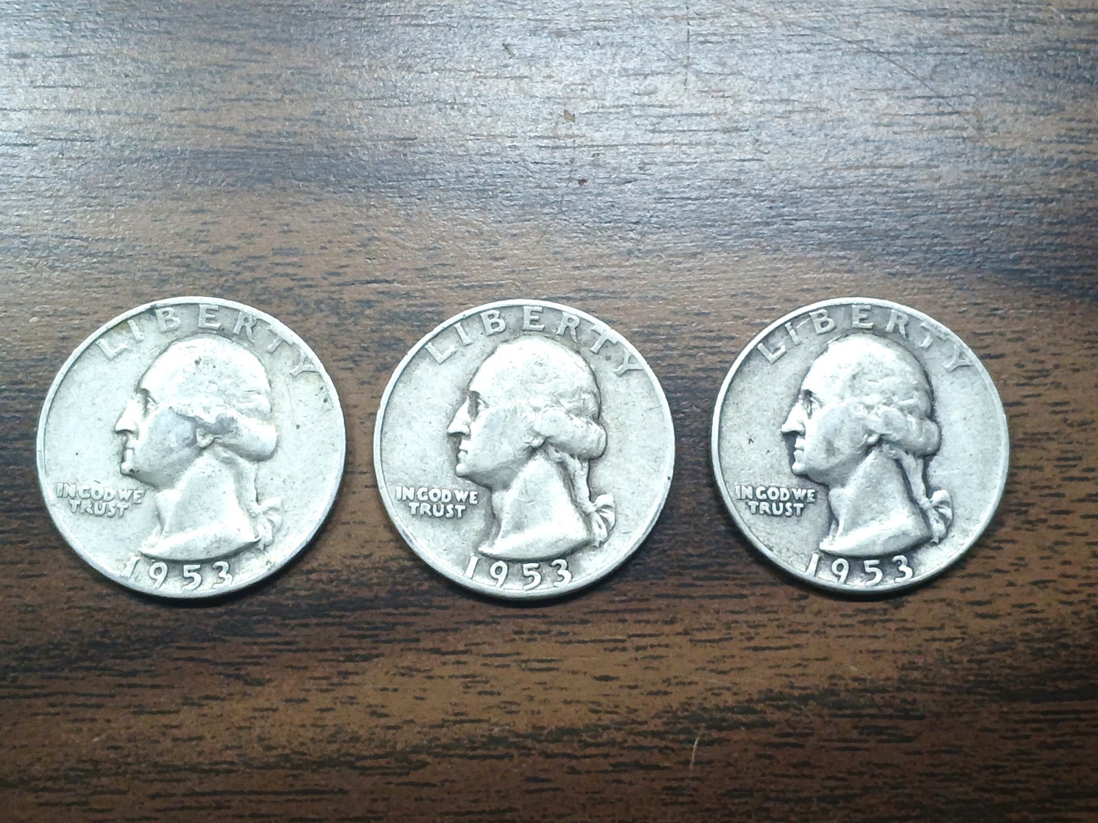 1953‑D Washington Silver Quarter Lot (3 Coins) – 90% Silver – Circulated – Nice
