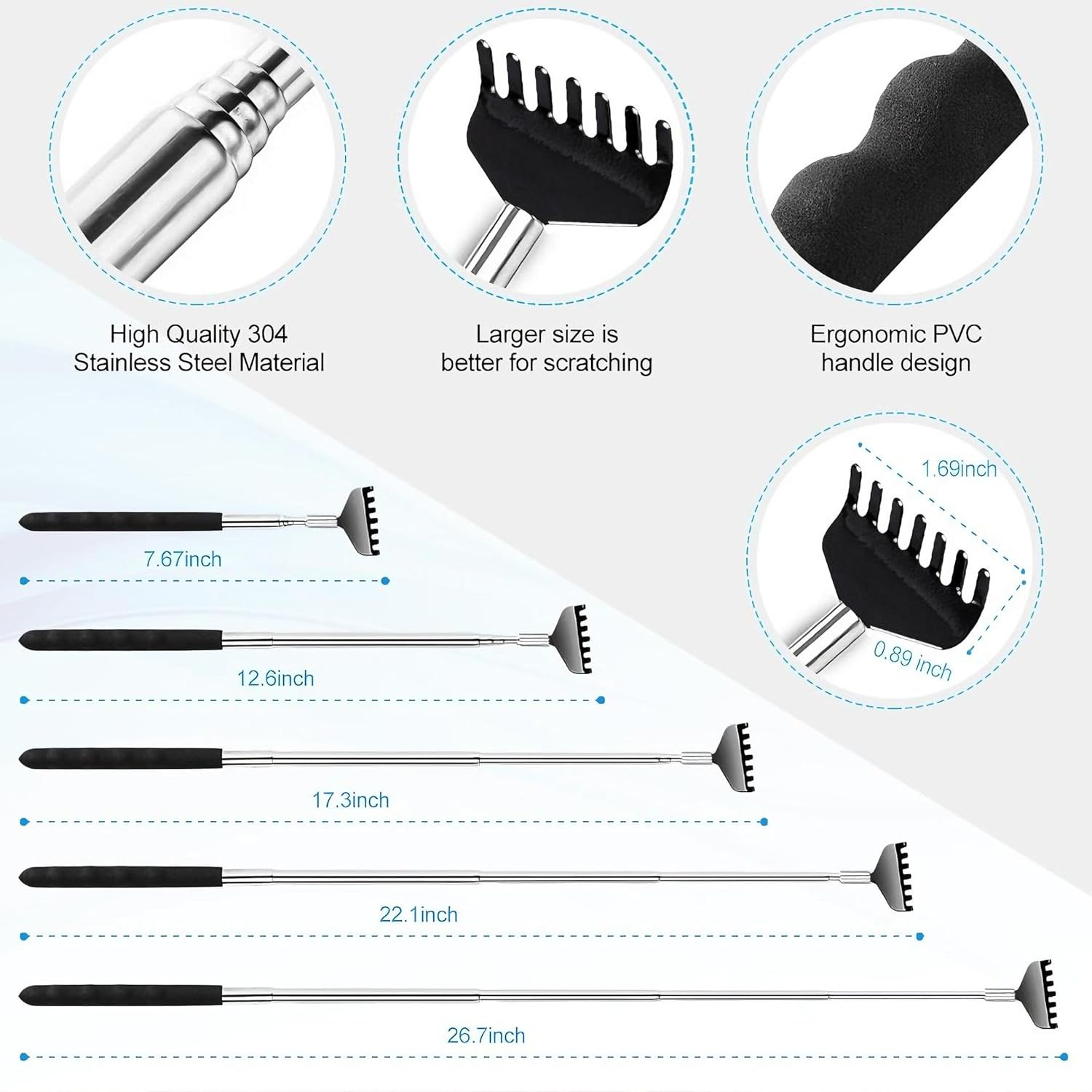 3 Pack Different Back Scratcher Metal Portable Telescoping with Rubber Handles,