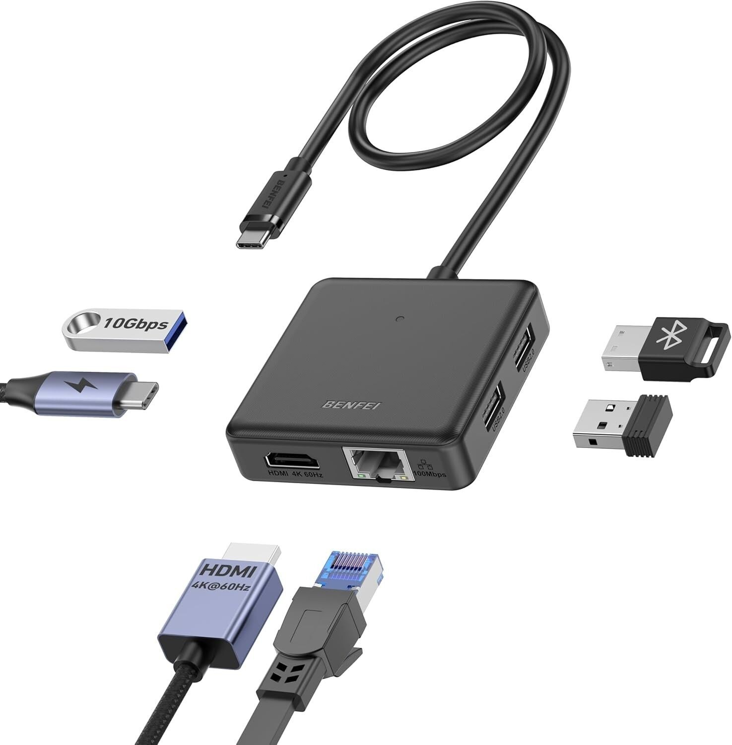 6 in 1 USB-C HUB to 8K HDMI + USB3.2 10Gbps + USB2.0 x 2 + PD100W + RJ45 USB