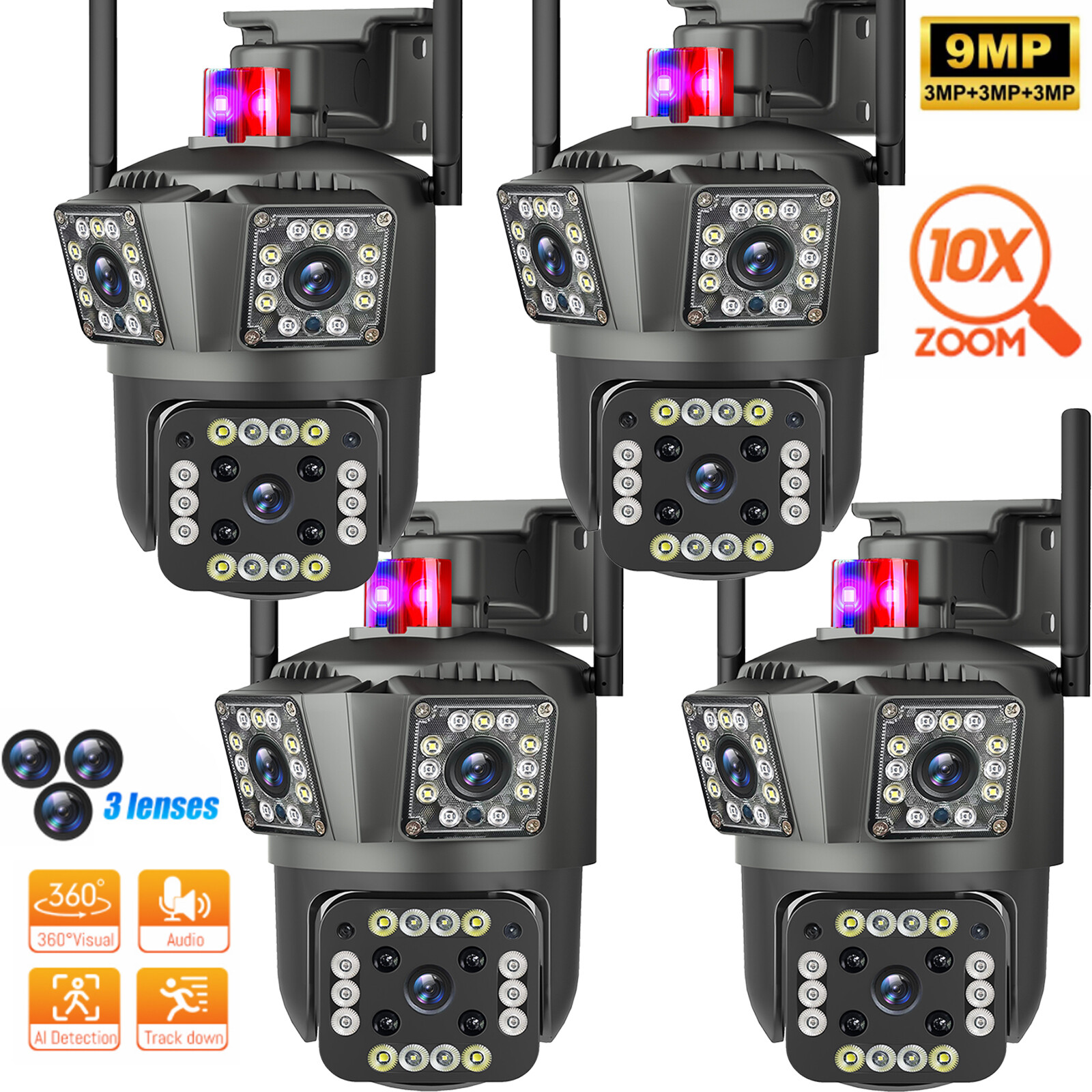 4PCS 3 Lens HD 9MP WiFi IP Camera Wireless Outdoor CCTV PTZ Home Security IR Cam