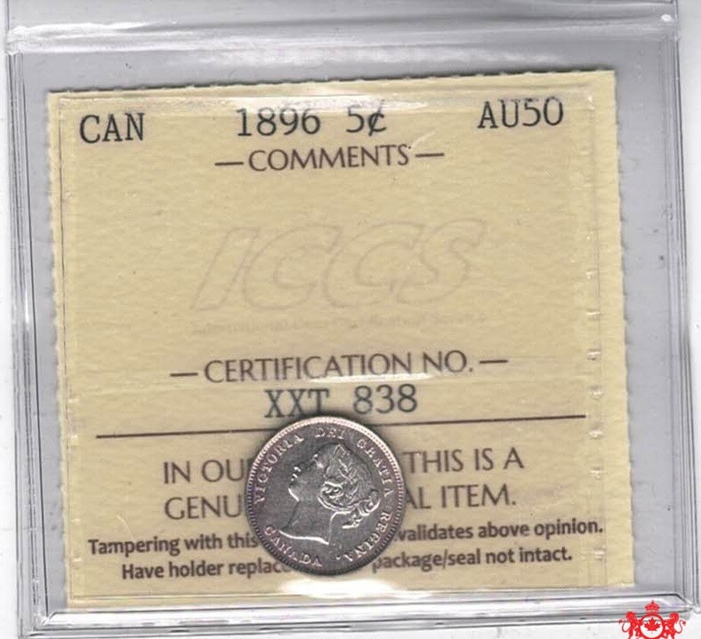 1896 Canada 5 Cents - ICCS AU50 - XXT 838