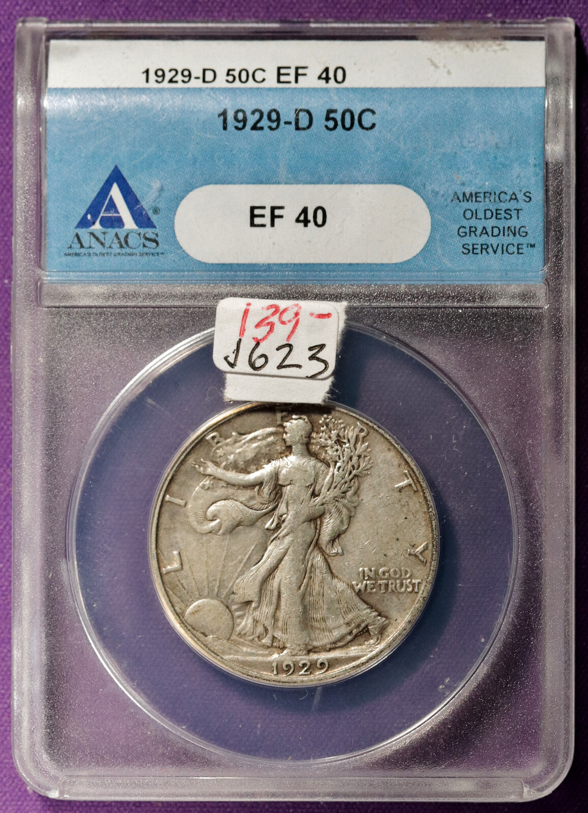 1929-d Walking Liberty Half Dollar.  In ANACS Holder.  EF 40.    j623