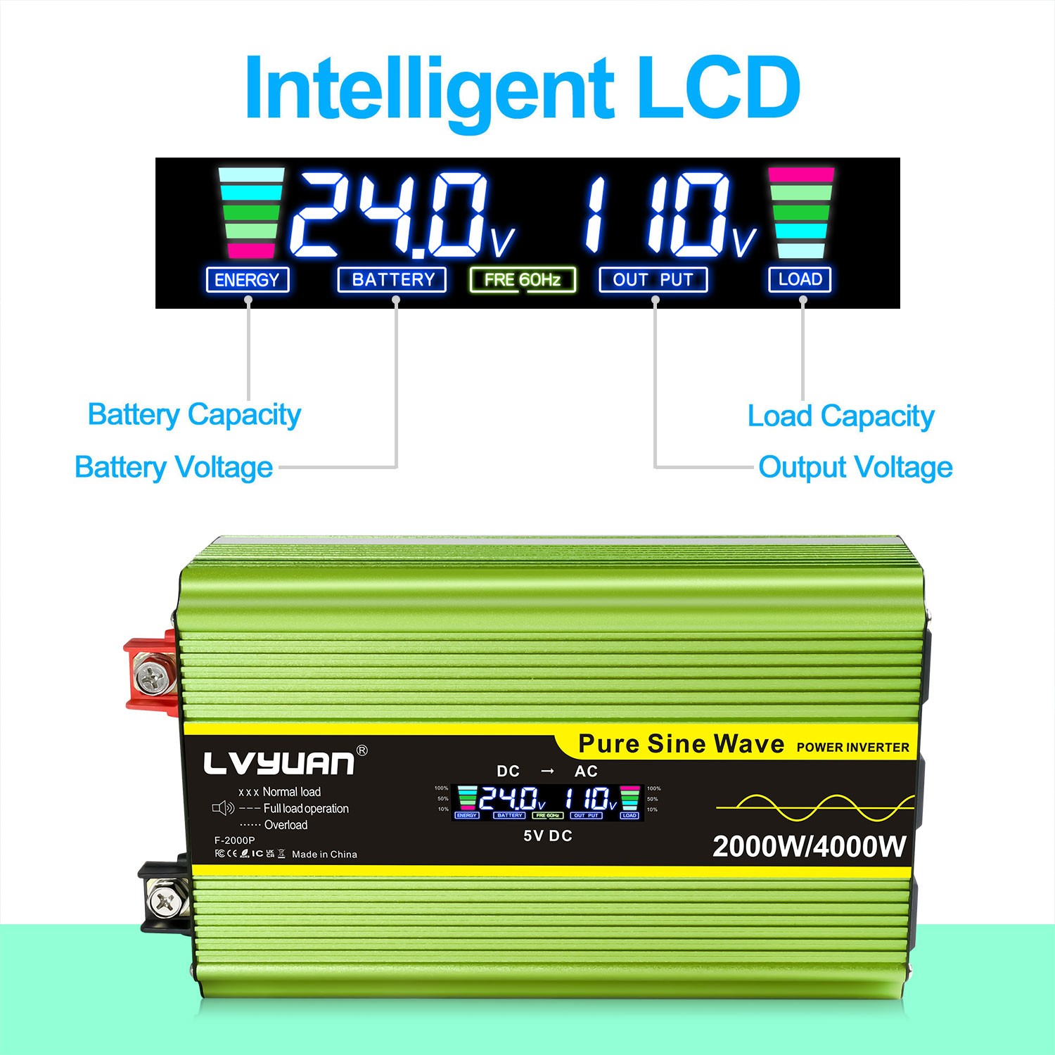 2000W 4000W Pure sine Wave Power Inverter Converter 24V to 110V w/4AC 4USB LCD