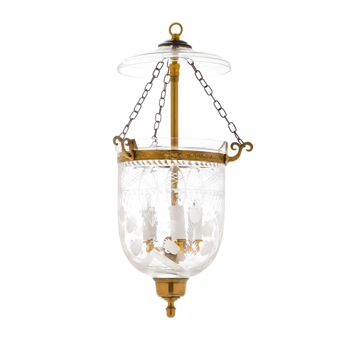 7' Small Hanging Lanterns - Starburst, Diamond Cut, Floral Glass, Brass Finish