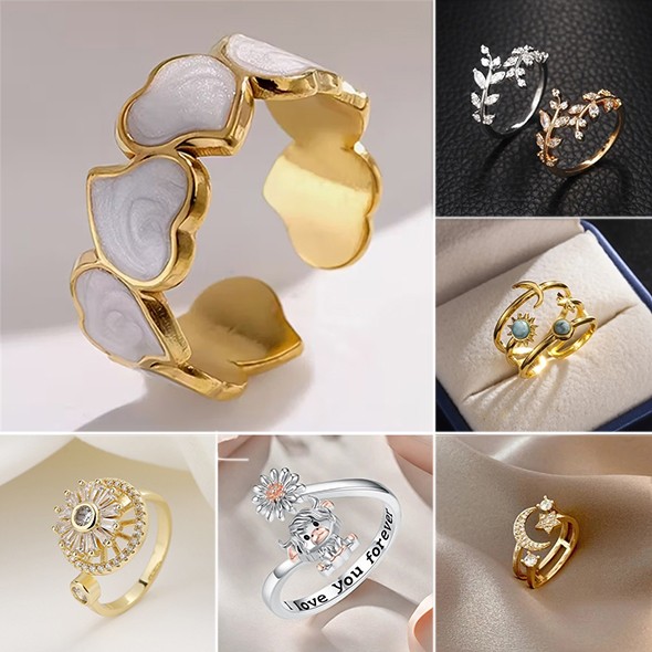 Gold Silver Zircon Finger Ring Womens Mens Wedding Adjustable Open Ring Jewelry