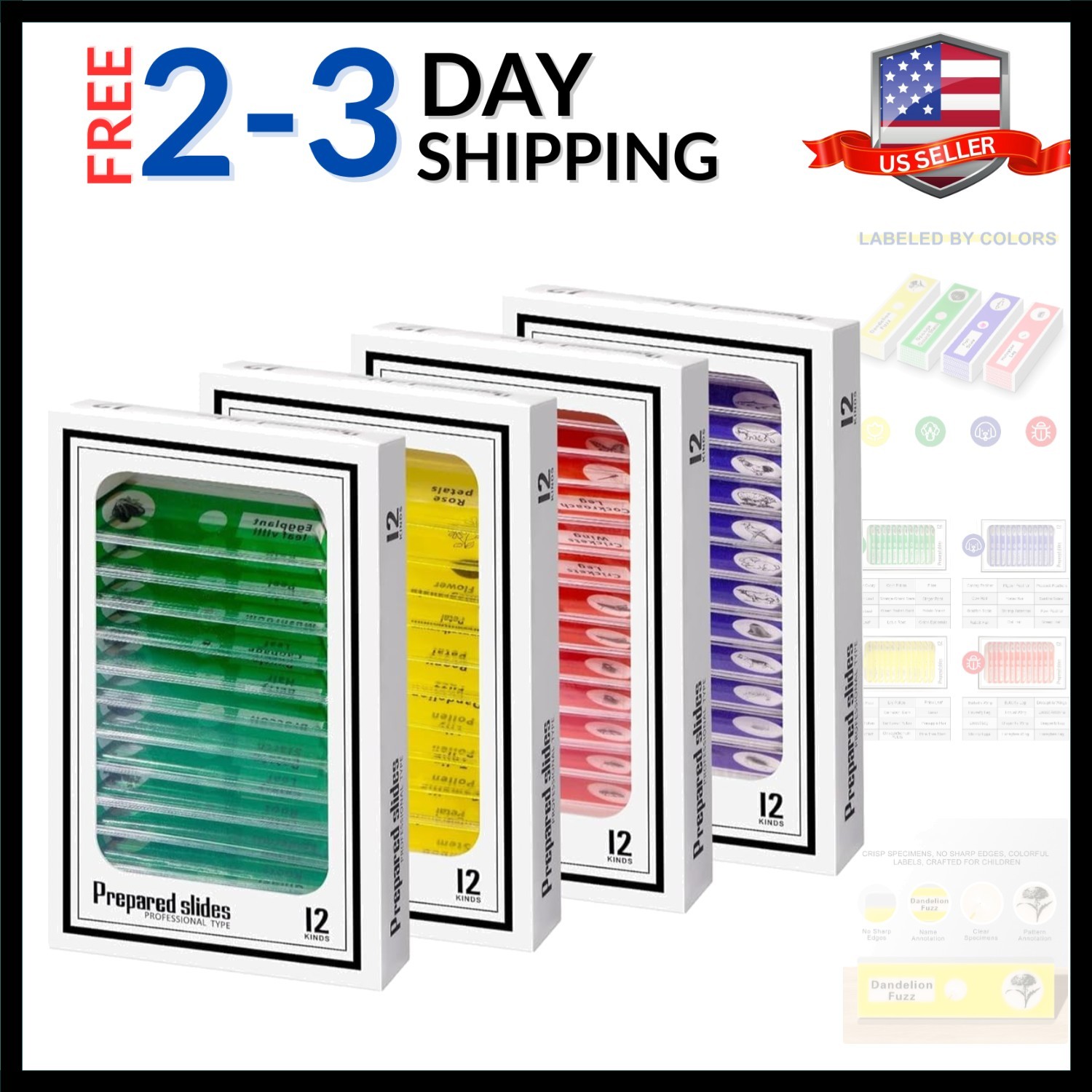 48Pcs Prepared Microscope Slides Specimen Animals Insects Plants Flowers Samp...